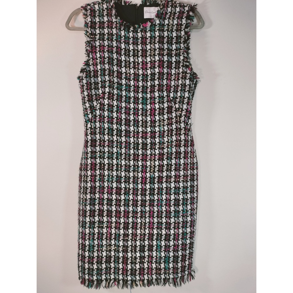 Charles Henry Multi Color Sleeveless Tweed Fringe Sheath Dress